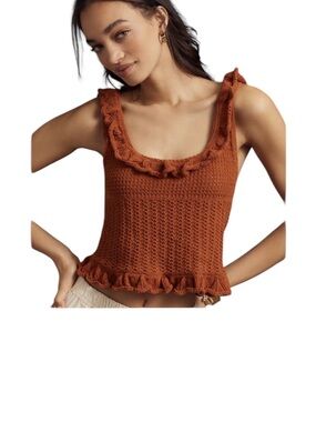 Anthropologie Pilcro Rust Knit Ruffle-Trim Crochet Tank Top Brown